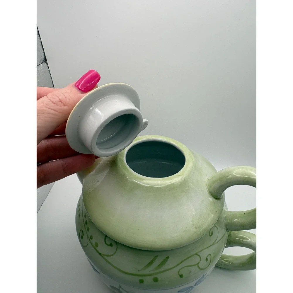 Tracy‎ Porter Hand Painted Ceramic Tea For One Set Stacking Teapot and Cup Green